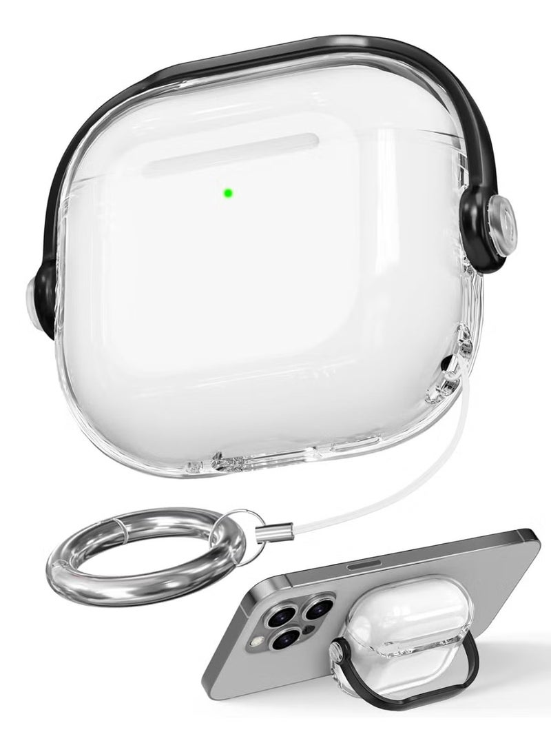 جراب AirPods Pro 3، غطاء قفل أمان لسماعات Apple AirPods Pro 3 2025 مع حامل للهاتف وسلسلة مفاتيح، جراب واقٍ مقاوم للصدمات والخدوش للرجال والنساء - (شفاف/أسود)